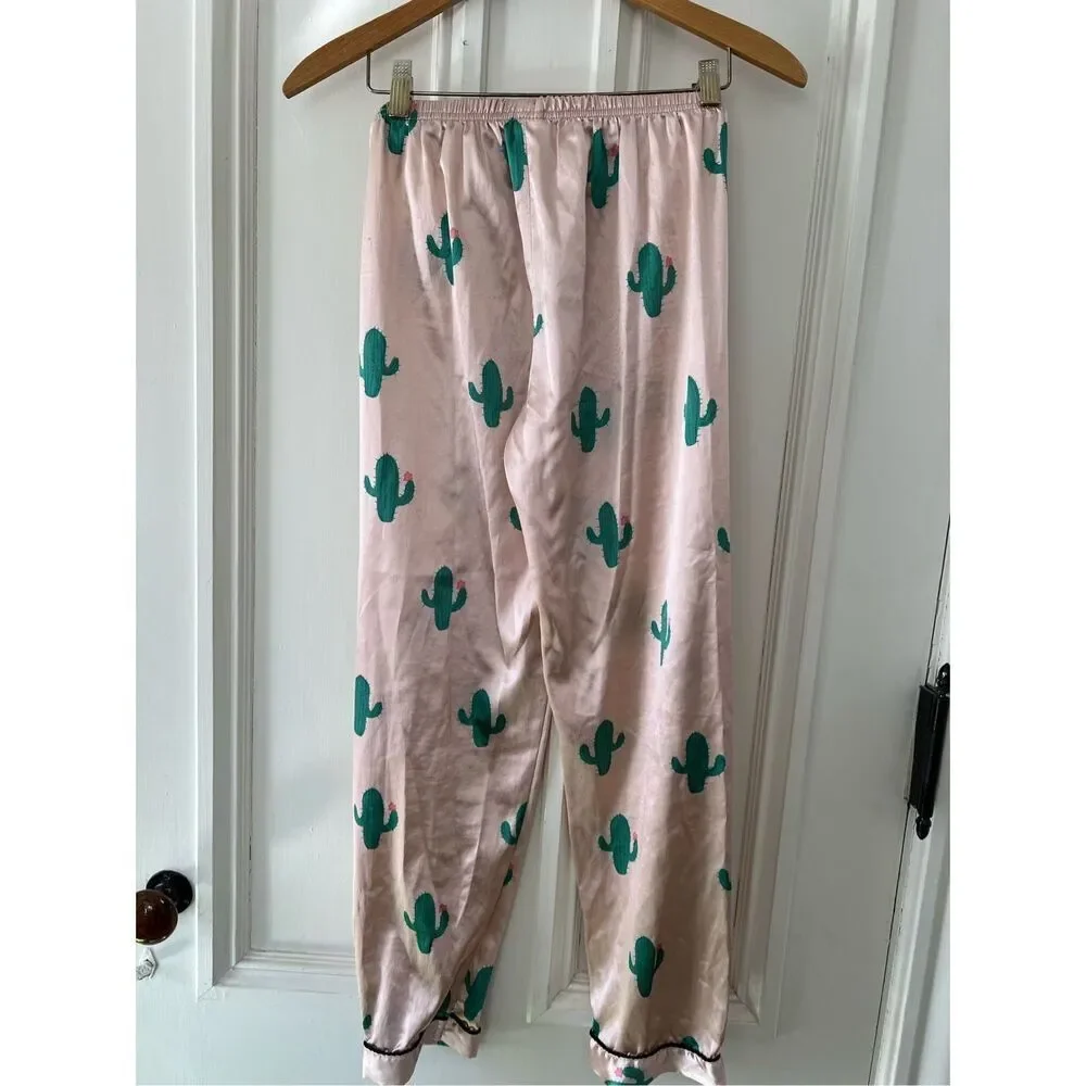 SHEIN girls light pink and green cactus print satin pajamas L
